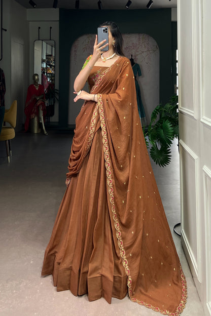 OCCASION SPECIAL CHOCKLATE CRUSH HANDWORKED LEHENGA CHOLI WITH DUPATTA (TT13)