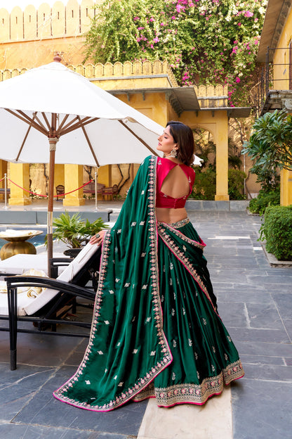 WEDDING SPECIAL SATIN SILK SEQUINS AND THREAD EMBROIDERED LEHENGA CHOLI WITH DUPATTA (TT11)