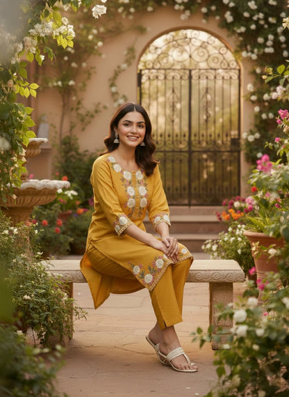 Mustard Yellow Floral Embroidered Kurta Set (SWDH21)