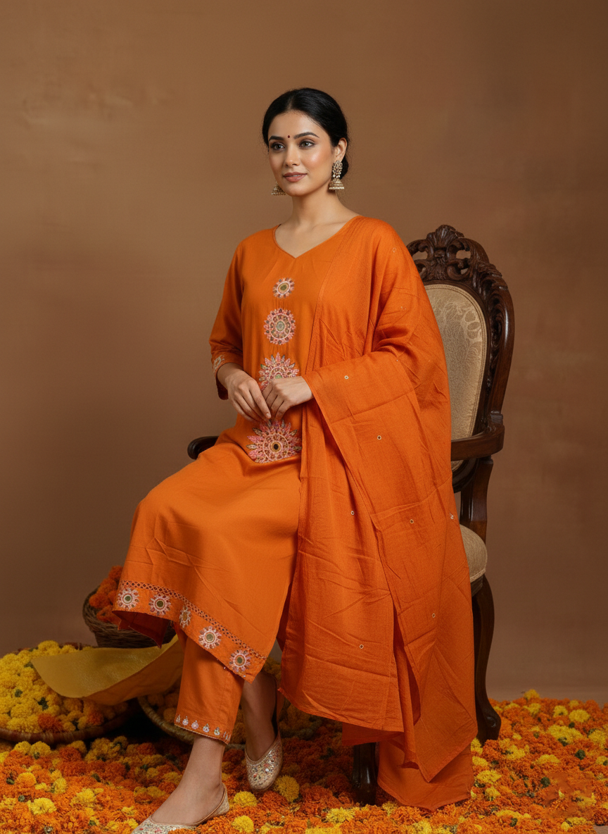 Orange Embroidered Kurta Set with Matching Dupatta for Women (SWDH12)