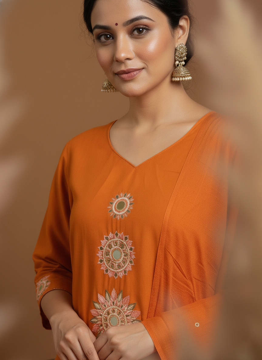 Orange Embroidered Kurta Set with Matching Dupatta for Women (SWDH12)