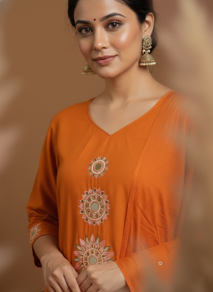 Orange Embroidered Kurta Set with Matching Dupatta for Women (SWDH12)