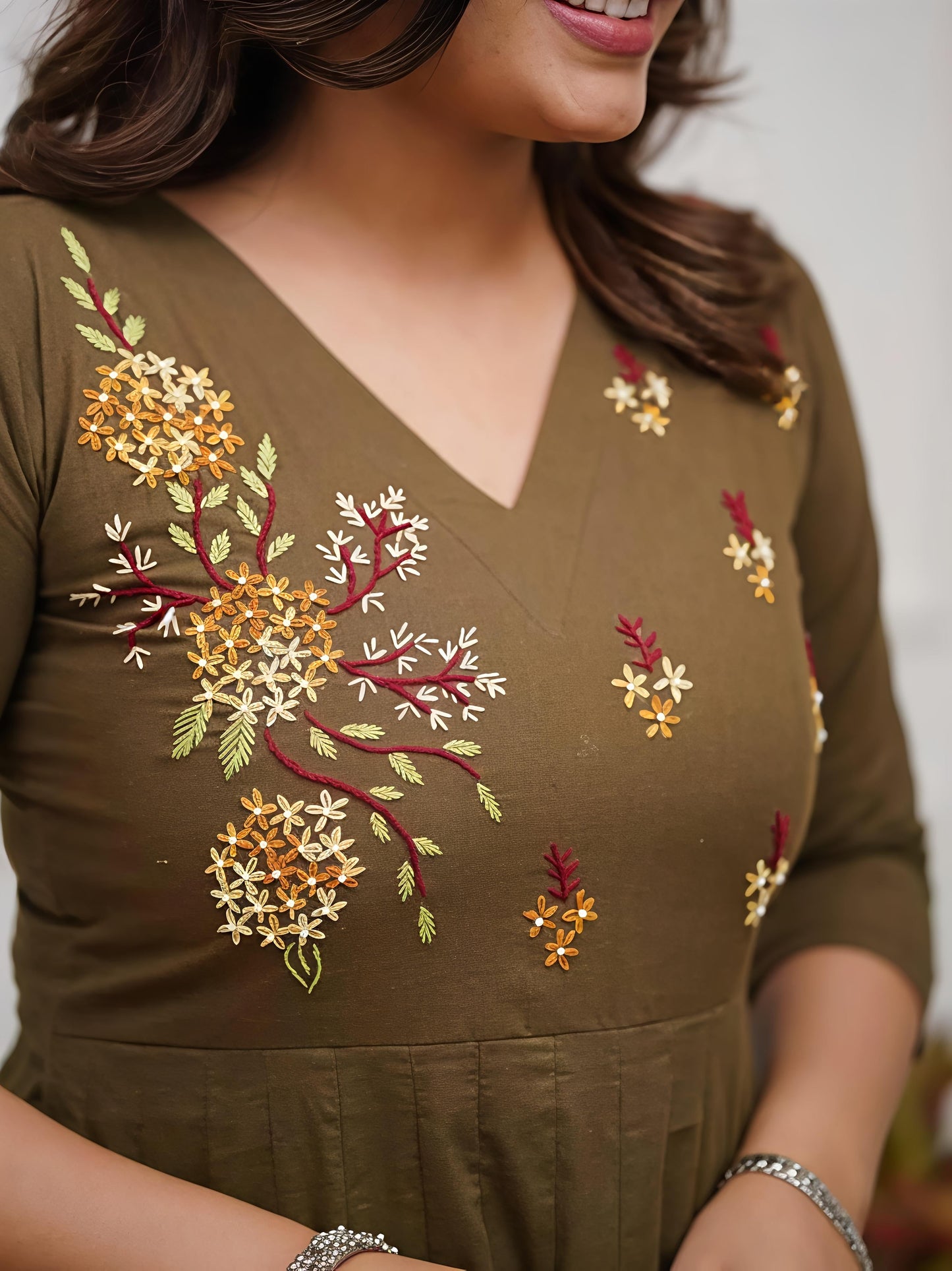 Elegant Olive Green Embroidered Anarkali Kurta Set with Printed Dupatta(SWSK47)