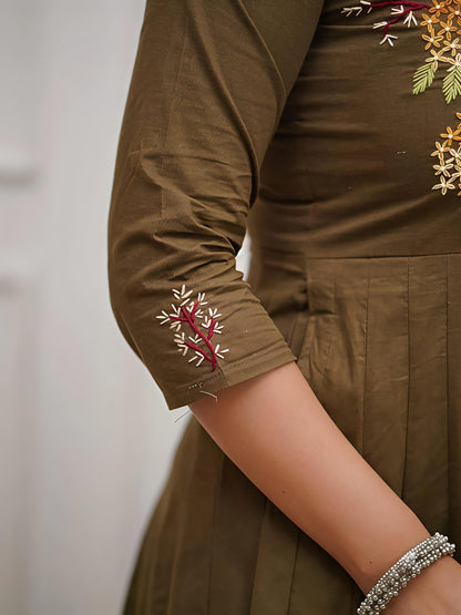 Elegant Olive Green Embroidered Anarkali Kurta Set with Printed Dupatta(SWSK47)
