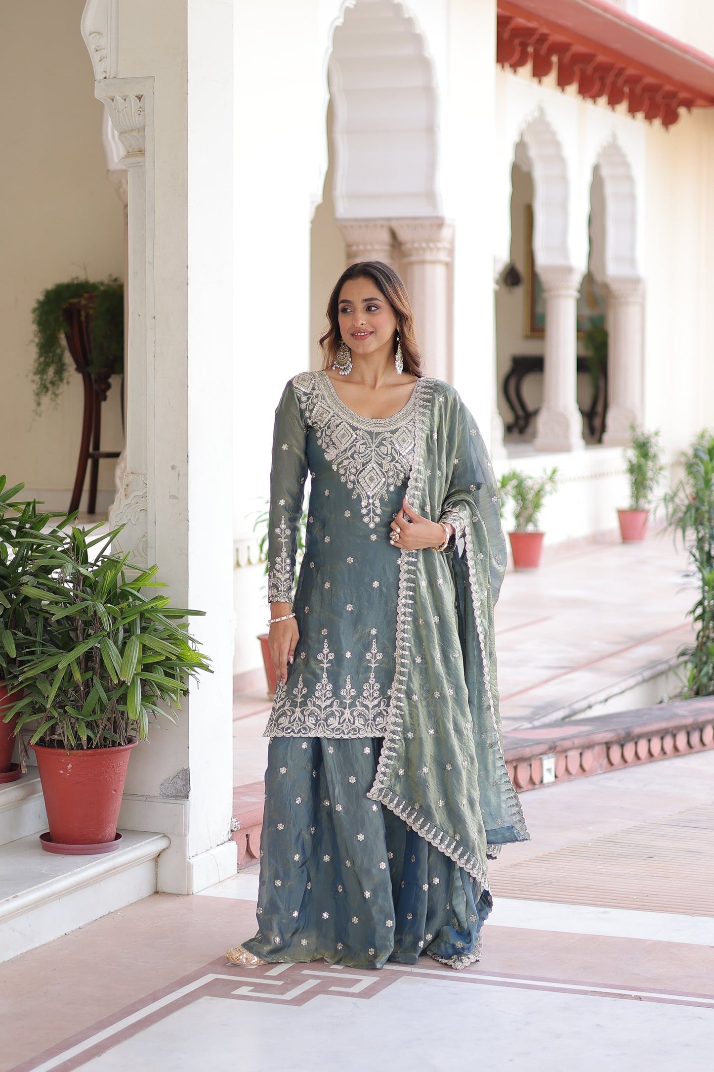 FENDI SILK SEQUINS EMBROIDERED KURTI -SHARARA WITH DUPATTA (TT18)