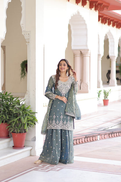 FENDI SILK SEQUINS EMBROIDERED KURTI -SHARARA WITH DUPATTA (TT18)