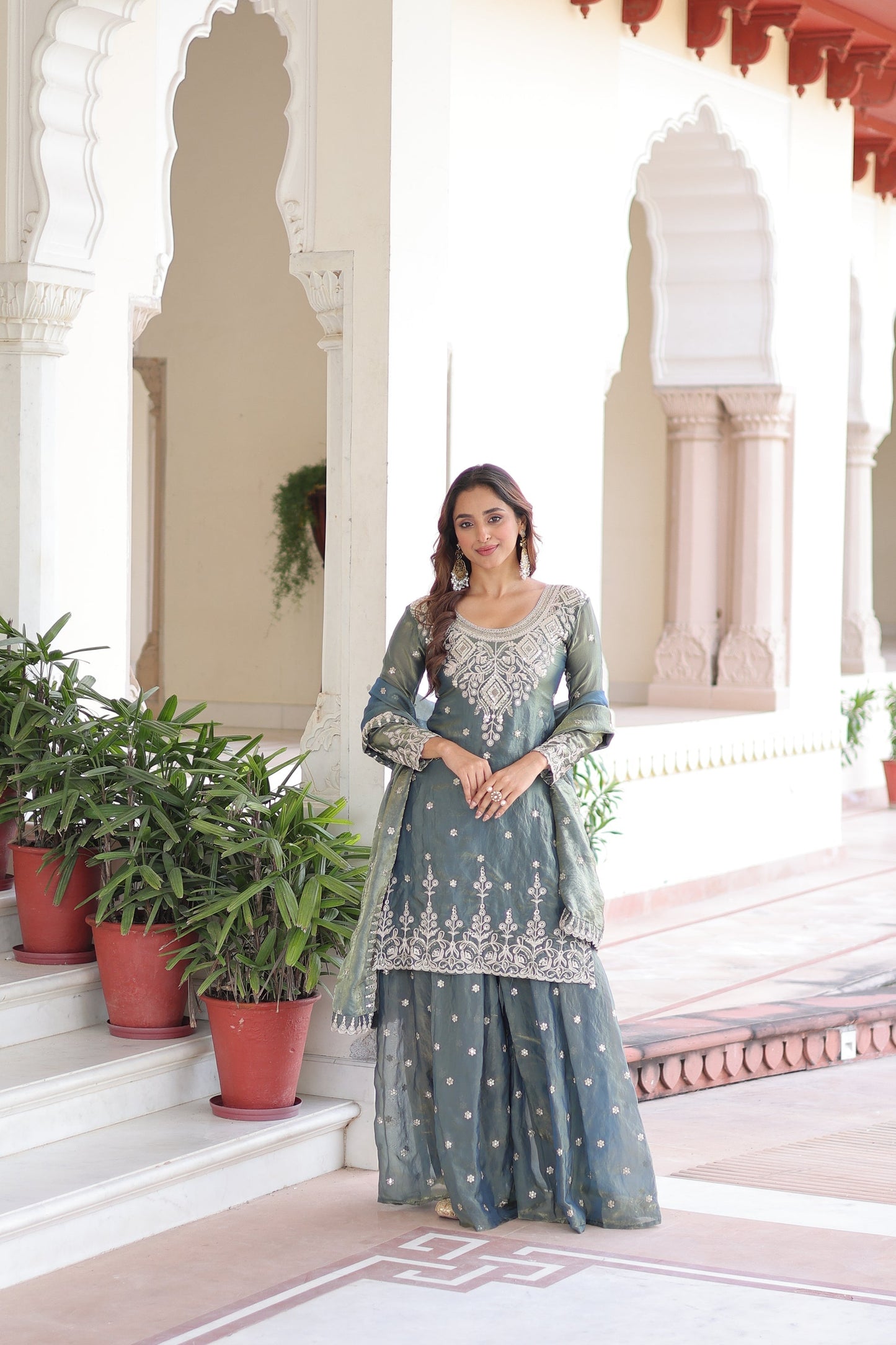 FENDI SILK SEQUINS EMBROIDERED KURTI -SHARARA WITH DUPATTA (TT18)