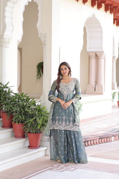 FENDI SILK SEQUINS EMBROIDERED KURTI -SHARARA WITH DUPATTA (TT18)