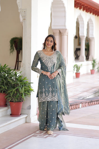 FENDI SILK SEQUINS EMBROIDERED KURTI -SHARARA WITH DUPATTA (TT18)