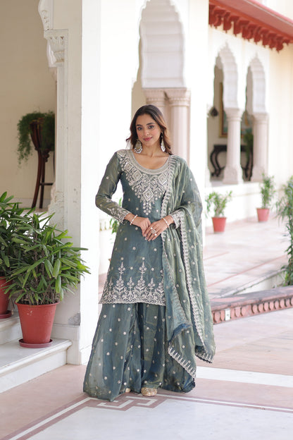 FENDI SILK SEQUINS EMBROIDERED KURTI -SHARARA WITH DUPATTA (TT18)